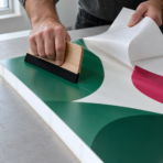 Application d’un film imprimé vert et blanc sur un support lumineux avec une raclette à bord feutré.