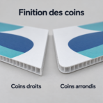 Comparaison des coins droits et arrondis sur deux panneaux alvéolaires imprimés.