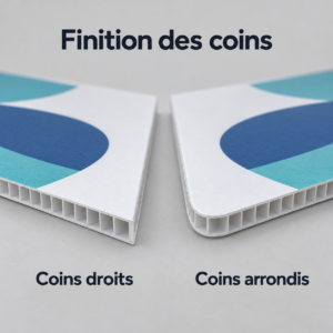Comparaison des coins droits et arrondis sur deux panneaux alvéolaires imprimés.
