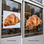 Visuel de croissant imprimé sur vinyle en découpe rectangulaire et en découpe à la forme sur une vitrine de boulangerie.