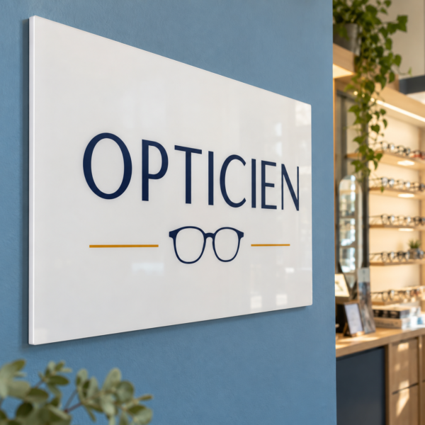 Panneau en acrylique blanc opale imprimé et installé sur un mur bleu chez un opticien.