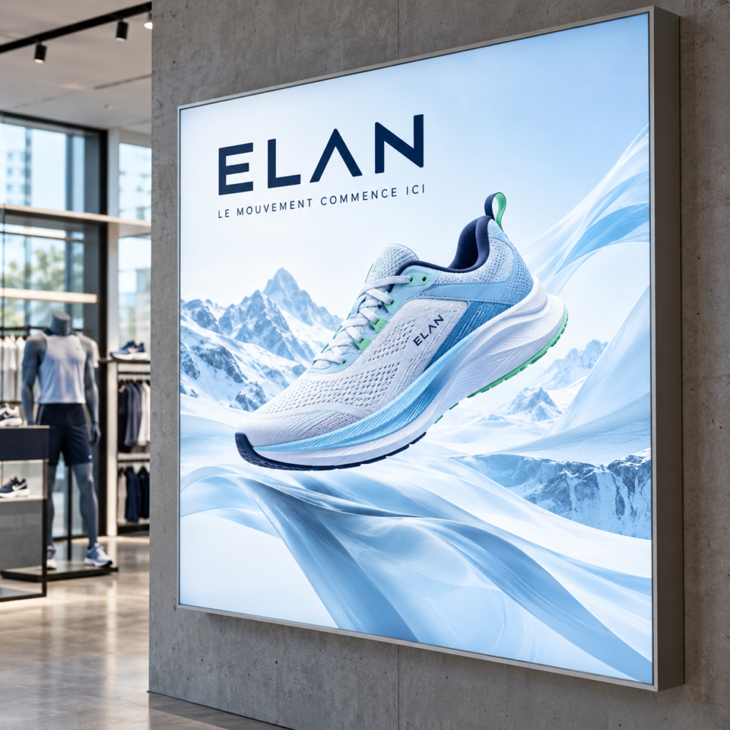 Visuel publicitaire bleu glacier représentant une chaussure de sport sur un caisson rétroéclairé en magasin.