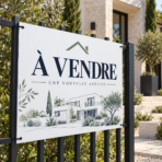 Panneau alvéolaire imprimé « À vendre » fixé sur une clôture devant une maison contemporaine.