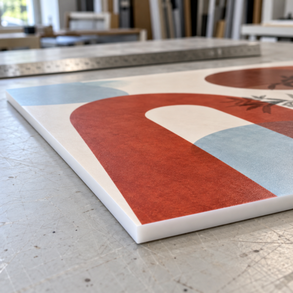 Gros plan sur l’impression graphique et la tranche blanche d’un panneau en acrylique posé en atelier.