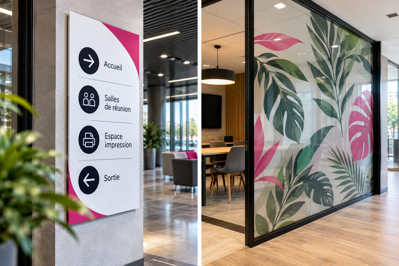 Vinyle monomère personnalisé appliqué sur une paroi vitrée pour créer une décoration intérieure professionnelle.