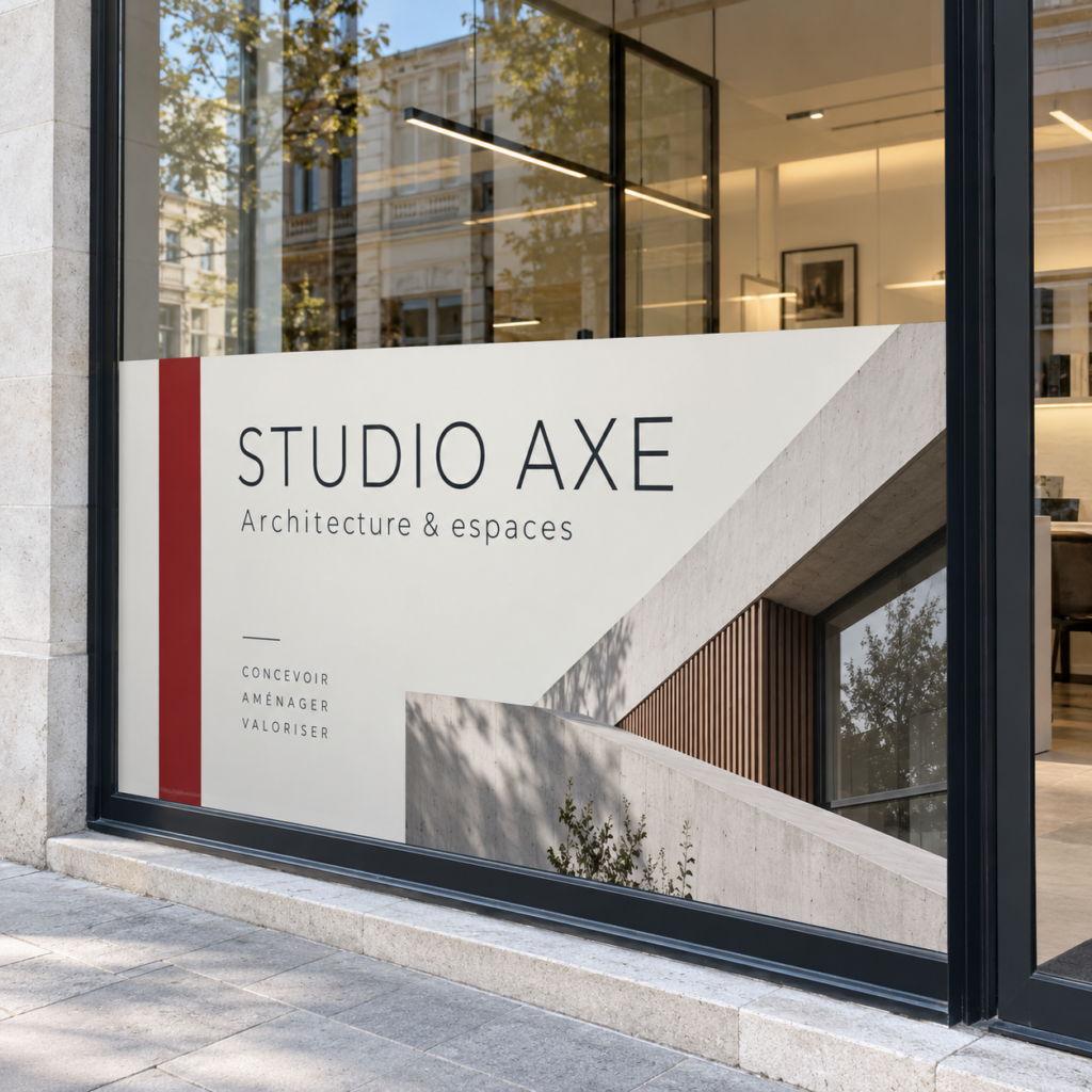 Vitrine d’un studio d’architecture habillée d’un adhésif imprimé blanc et bordeaux avec un visuel architectural.
