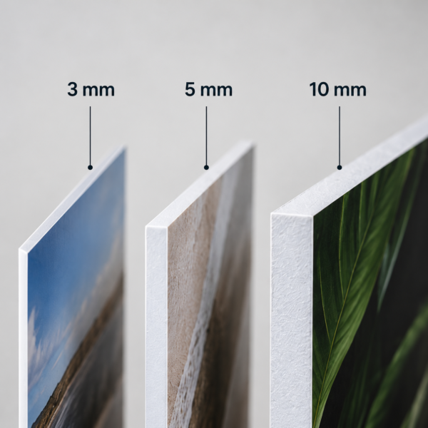 Comparaison des tranches de trois panneaux PVC rigides de 3, 5 et 10 mm d’épaisseur.