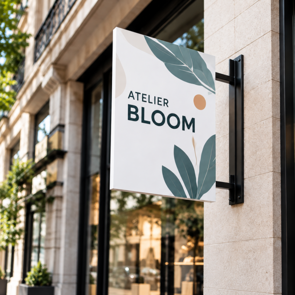 Enseigne Atelier Bloom avec un décor végétal, fixée perpendiculairement à la façade d’une boutique.