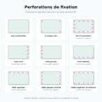 Schéma des neuf options de perforation du panneau PVC, sans trous, aux coins, sur le périmètre ou sur certains côtés.
