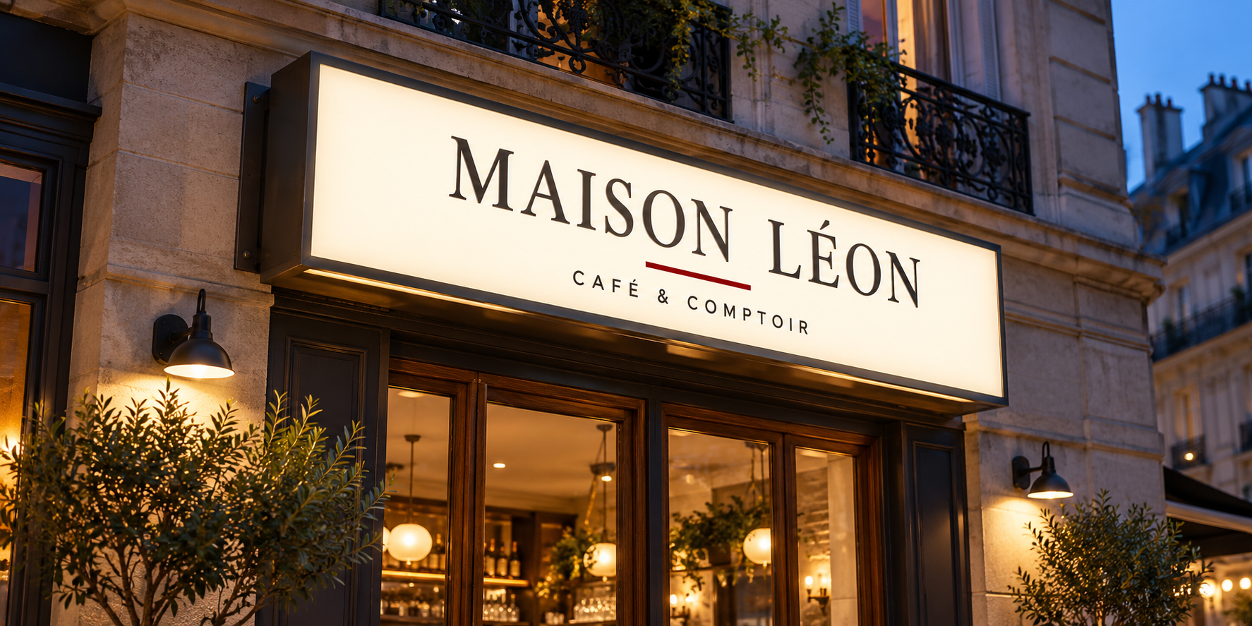 Caisson lumineux rectangulaire éclairé au-dessus de l’entrée d’un café à la tombée du jour.
