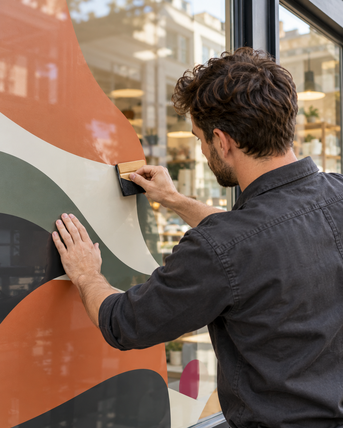 Un professionnel applique un adhésif décoratif sur une vitrine à l’aide d’une raclette.
