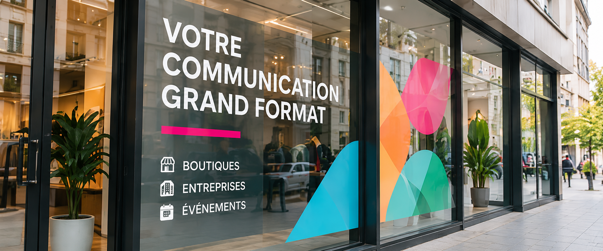 Adhésif imprimé posé sur la vitrine d’une boutique