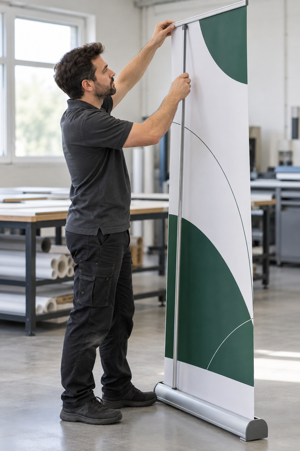 Un professionnel installe la barre supérieure d’un roll-up sur son mât dans un atelier.