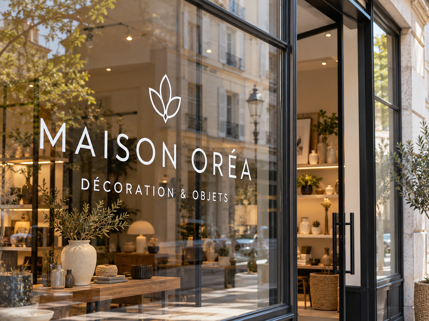 Lettrage adhésif blanc sur la vitrine d’une boutique de décoration.