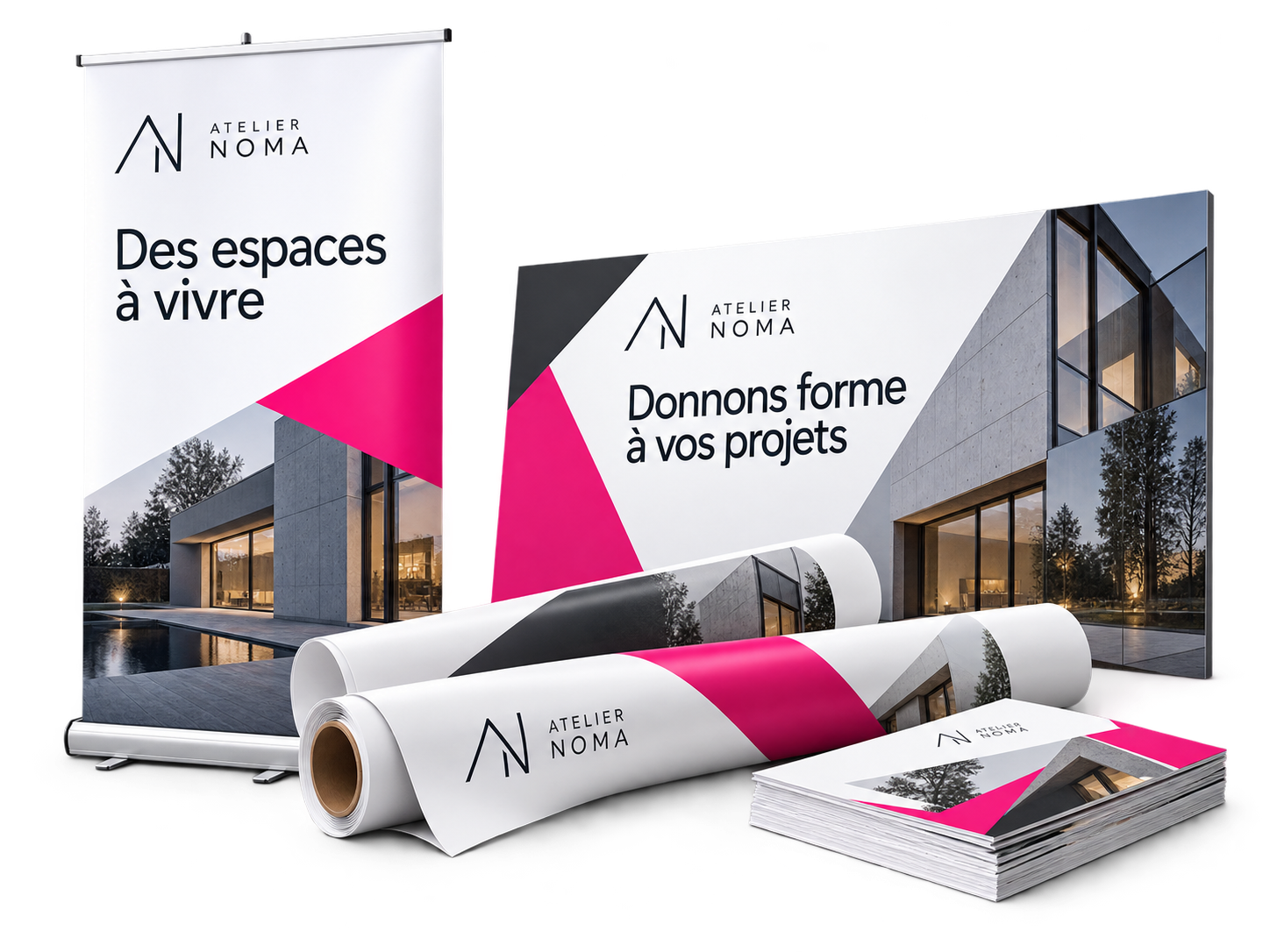 Roll-up, panneau rigide, rouleaux adhésifs et brochures avec une impression personnalisée rose, blanche et anthracite.