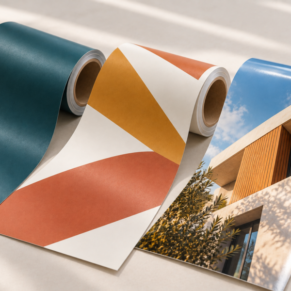 Rouleaux de vinyle imprimés avec des motifs bleu pétrole, terracotta et ocre.