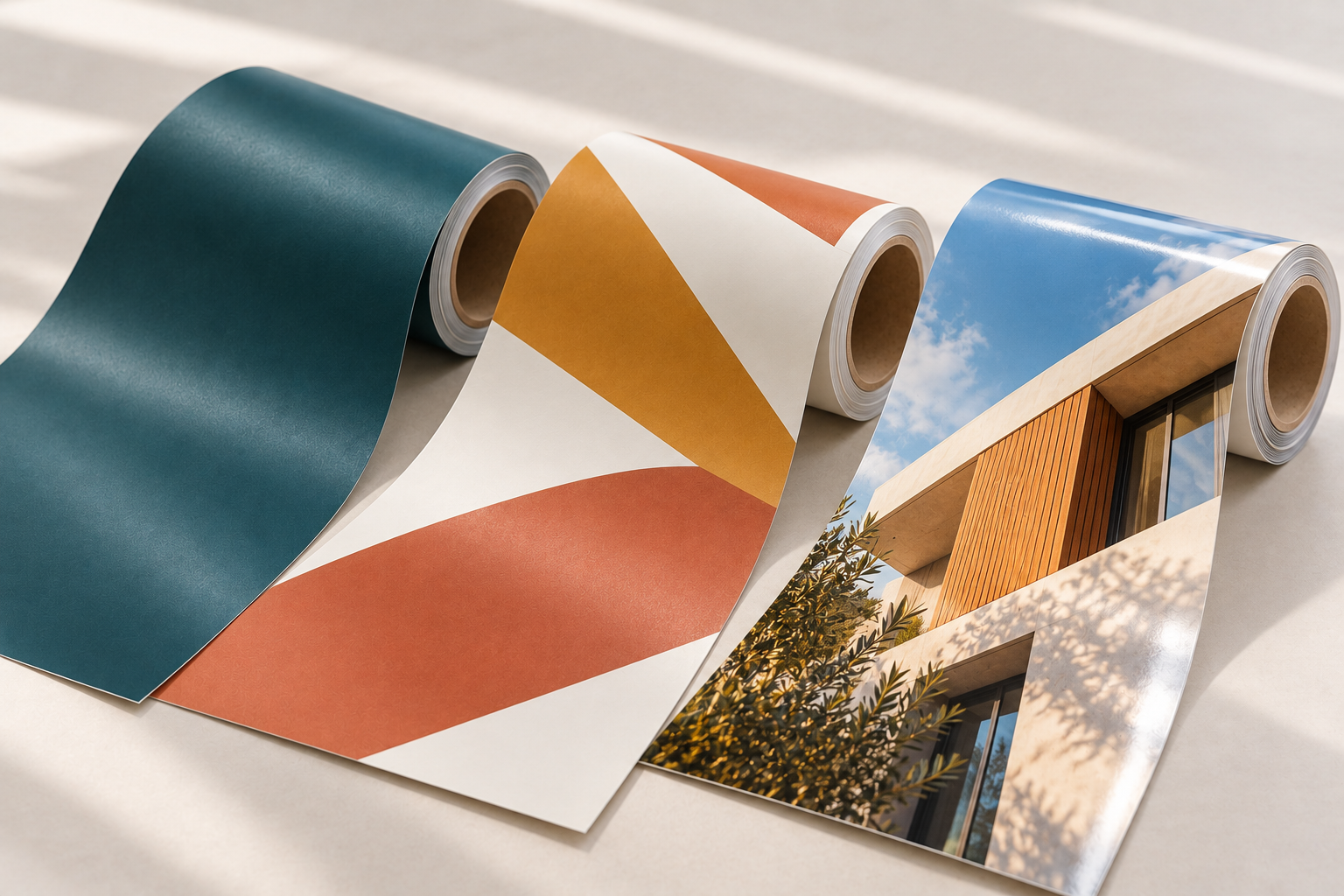Rouleaux de vinyle imprimés avec des motifs bleu pétrole, terracotta et ocre.