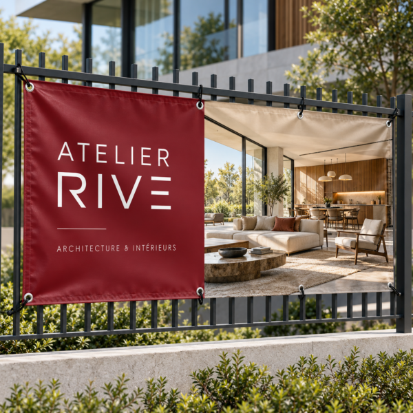 Bâche publicitaire bordeaux avec une photographie d’intérieur, fixée par des œillets sur une clôture.
