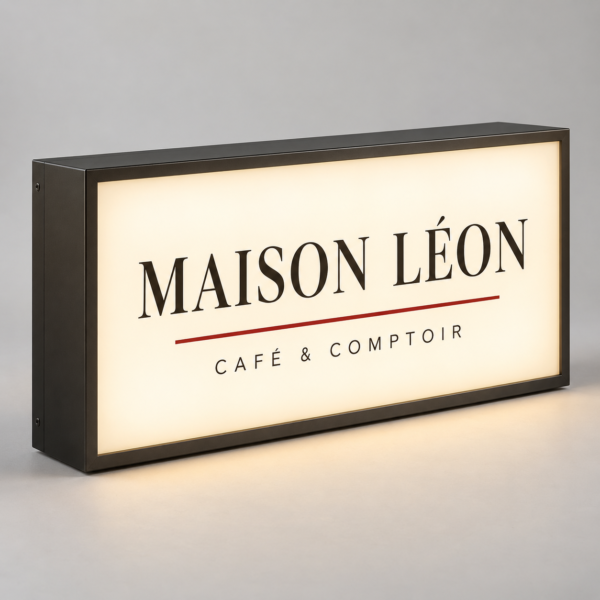 Caisson lumineux rectangulaire avec un cadre anthracite et une face éclairée portant le nom d’un café.