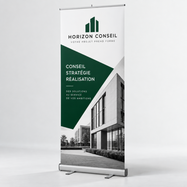 Roll-up personnalisé blanc et vert avec une photographie de bâtiment et une base en aluminium.